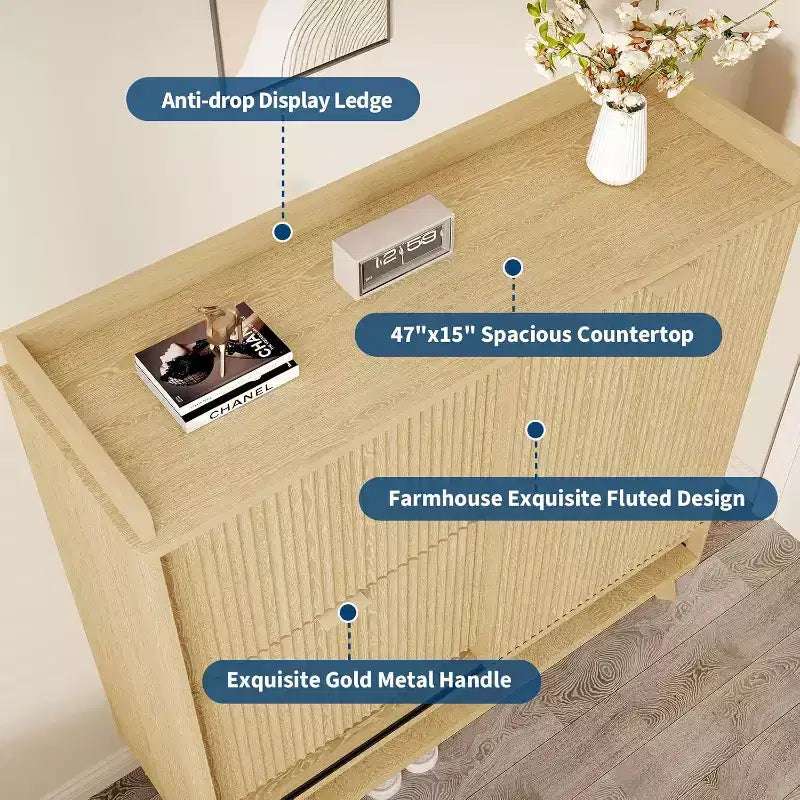 Meuble à chaussures cannelé, range-chaussures étroit autoportant en bois avec porte coulissante et 2 tiroirs et étagères réglables pour la maison