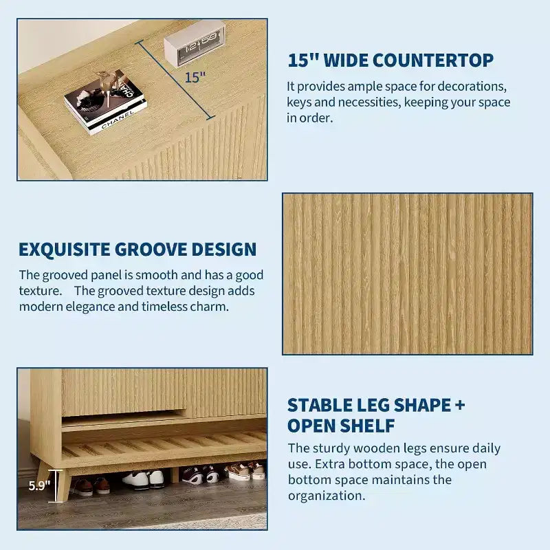 Meuble à chaussures cannelé, range-chaussures étroit autoportant en bois avec porte coulissante et 2 tiroirs et étagères réglables pour la maison