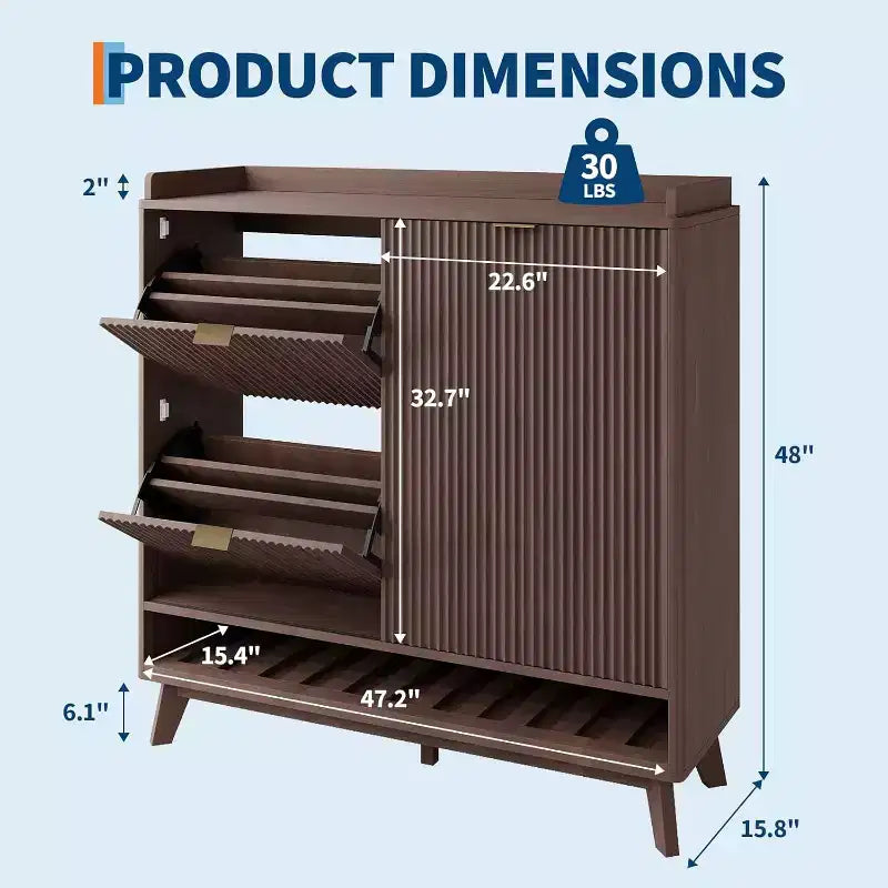 Meuble à chaussures cannelé, range-chaussures étroit autoportant en bois avec porte coulissante et 2 tiroirs et étagères réglables pour la maison