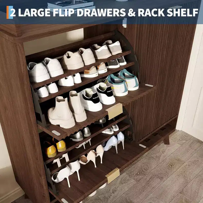 Meuble à chaussures cannelé, range-chaussures étroit autoportant en bois avec porte coulissante et 2 tiroirs et étagères réglables pour la maison