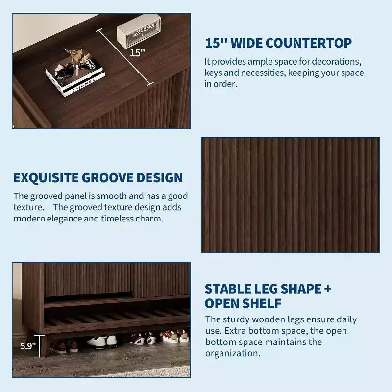 Meuble à chaussures cannelé, range-chaussures étroit autoportant en bois avec porte coulissante et 2 tiroirs et étagères réglables pour la maison