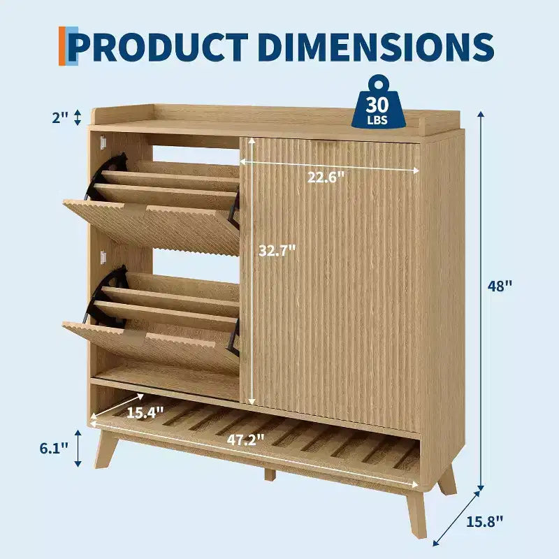 Meuble à chaussures cannelé, range-chaussures étroit autoportant en bois avec porte coulissante et 2 tiroirs et étagères réglables pour la maison