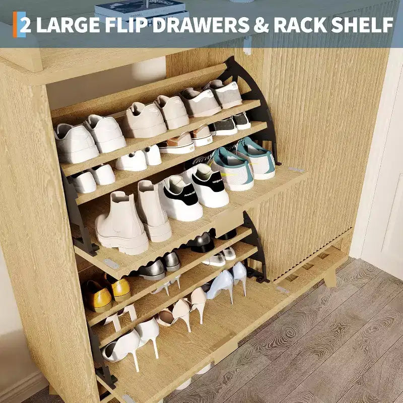 Meuble à chaussures cannelé, range-chaussures étroit autoportant en bois avec porte coulissante et 2 tiroirs et étagères réglables pour la maison