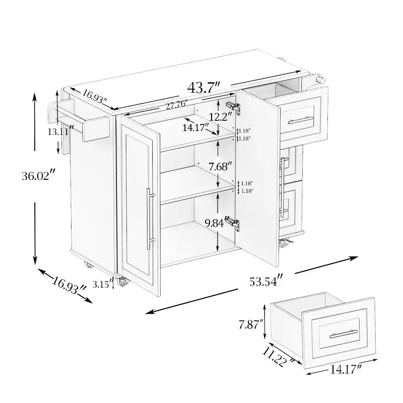 JVNOXK Îlot de cuisine avec range-épices, porte-serviettes et plateau extensible en bois massif, roulettes verrouillables et espace de rangement, noir