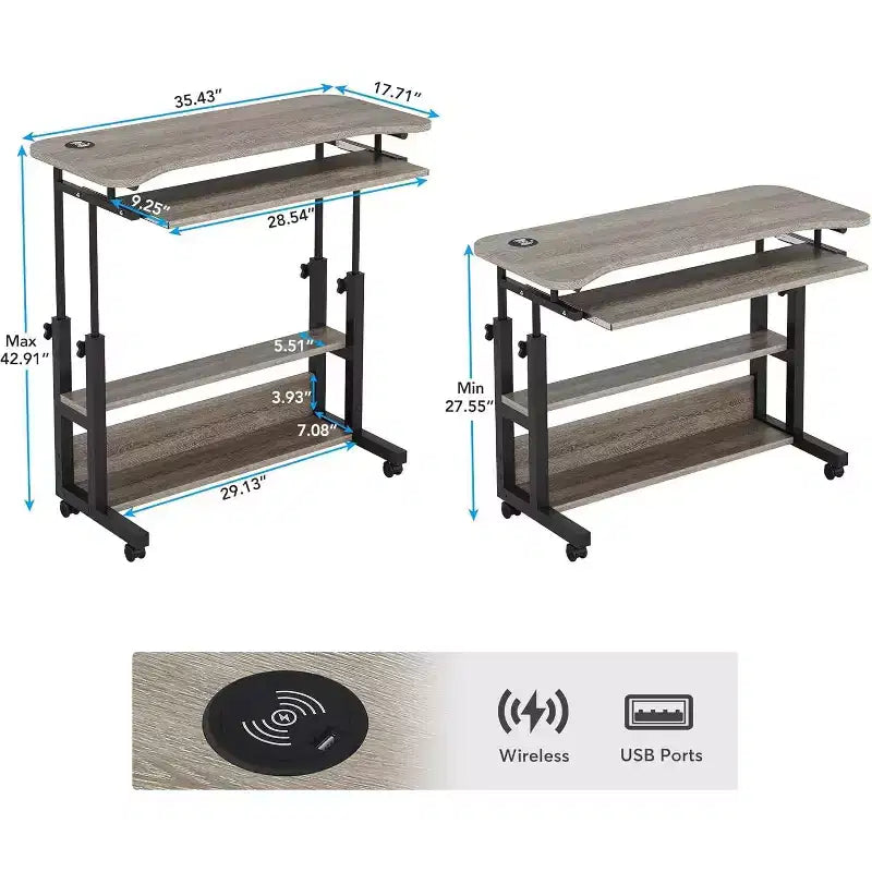 Table d'appoint Lantine portable avec prises de courant, table d'ordinateur portable réglable en hauteur avec ports USB pour canapé, chevet, bureau debout mobile