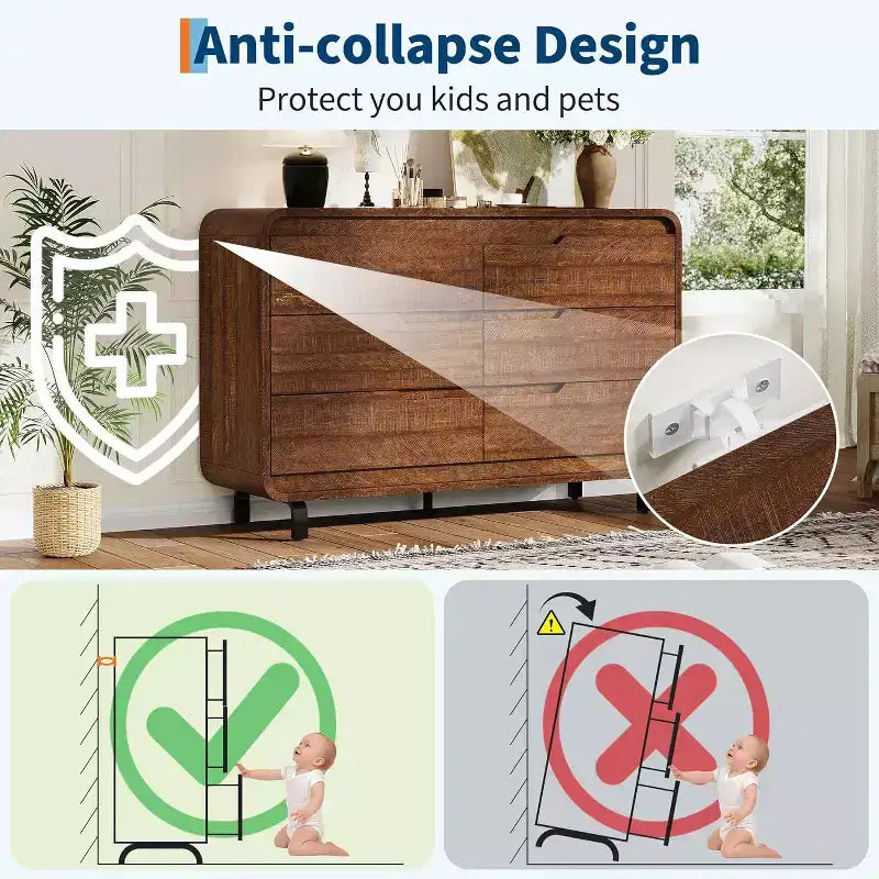 Commode à 6 tiroirs GustoWave, commode en bois avec pieds en métal et kit anti-basculement, meuble de rangement à coins arrondis pour chambre ou salon
