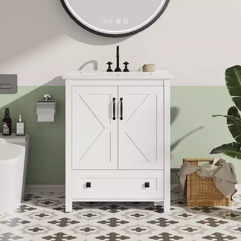 Meuble de salle de bain 60 cm avec lavabo en céramique et porte à fermeture douce - Rangement compact pour petites salles de bain