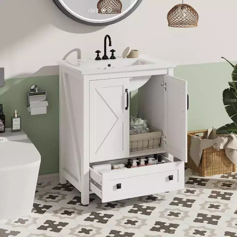 Meuble de salle de bain 60 cm avec lavabo en céramique et porte à fermeture douce - Rangement compact pour petites salles de bain