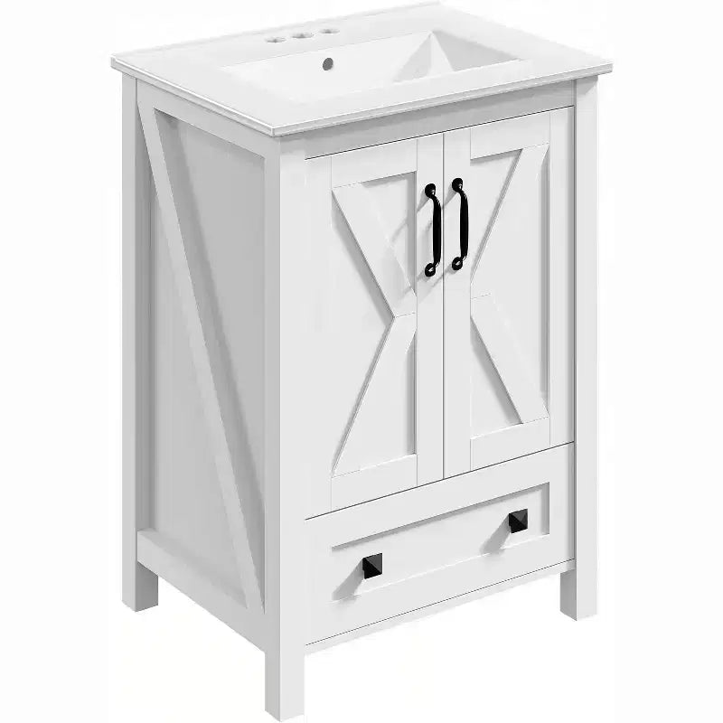 Meuble de salle de bain 60 cm avec lavabo en céramique et porte à fermeture douce - Rangement compact pour petites salles de bain
