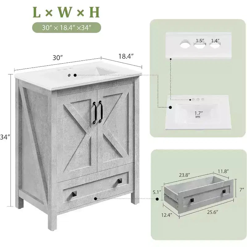 Meuble de salle de bain 60 cm avec lavabo en céramique et porte à fermeture douce - Rangement compact pour petites salles de bain