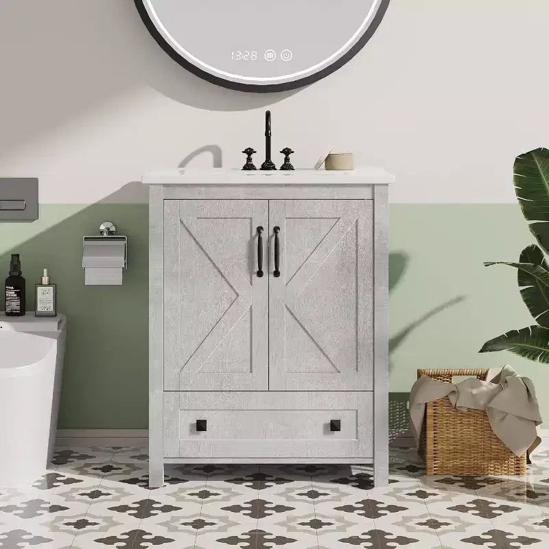 Meuble de salle de bain 60 cm avec lavabo en céramique et porte à fermeture douce - Rangement compact pour petites salles de bain