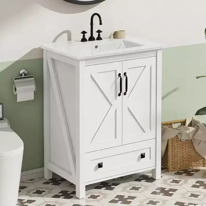 Meuble de salle de bain 60 cm avec lavabo en céramique et porte à fermeture douce - Rangement compact pour petites salles de bain