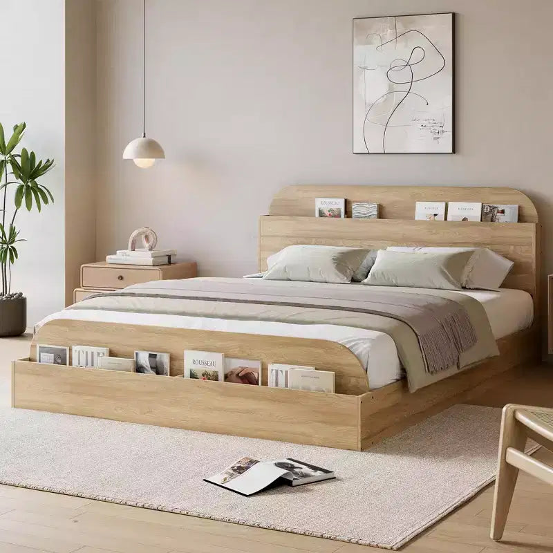 Cadre de lit. Lits en bois avec tête de lit de rangement et pied de lit surélevé. Lit plateforme bas pour chambre à coucher