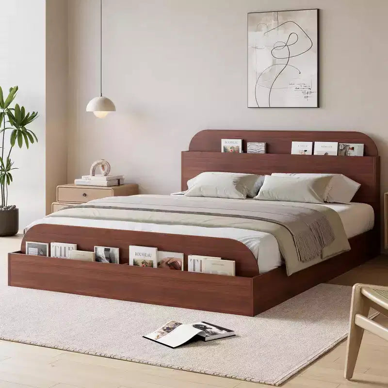 Cadre de lit. Lits en bois avec tête de lit de rangement et pied de lit surélevé. Lit plateforme bas pour chambre à coucher