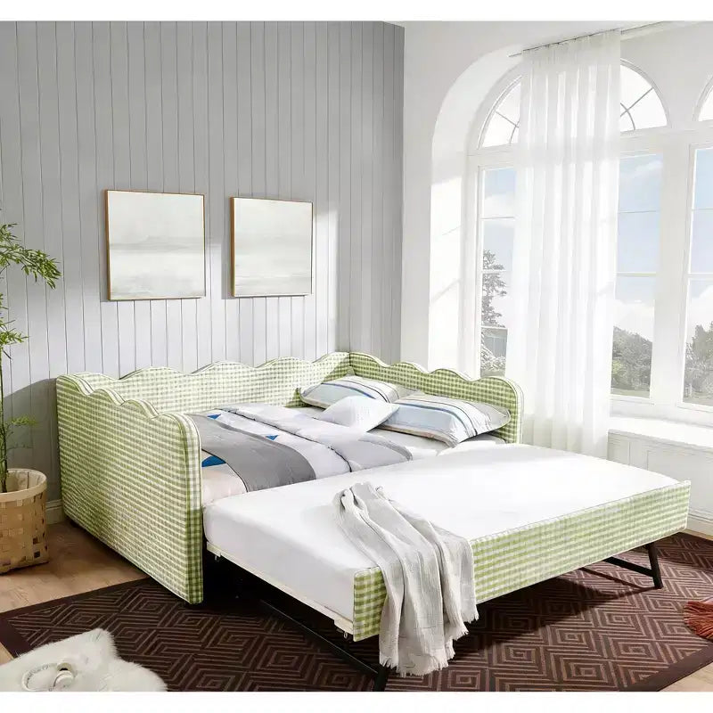 Bellemave Lit de repos double à carreaux vichy avec port USB et lit gigogne coulissant, Cadre de lit en forme de vague pour chambre et salon.