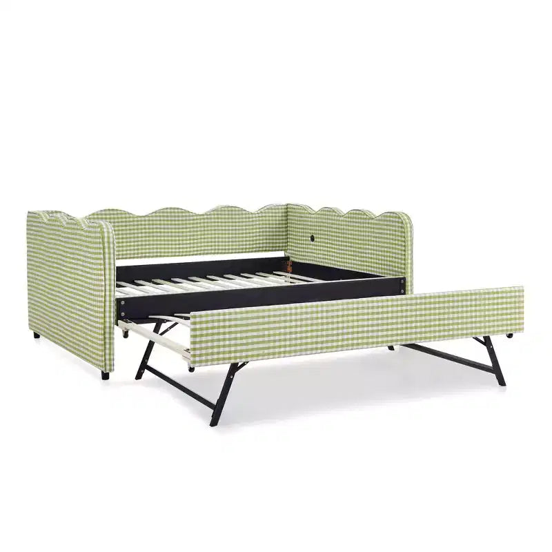 Bellemave Lit de repos double à carreaux vichy avec port USB et lit gigogne coulissant, Cadre de lit en forme de vague pour chambre et salon.