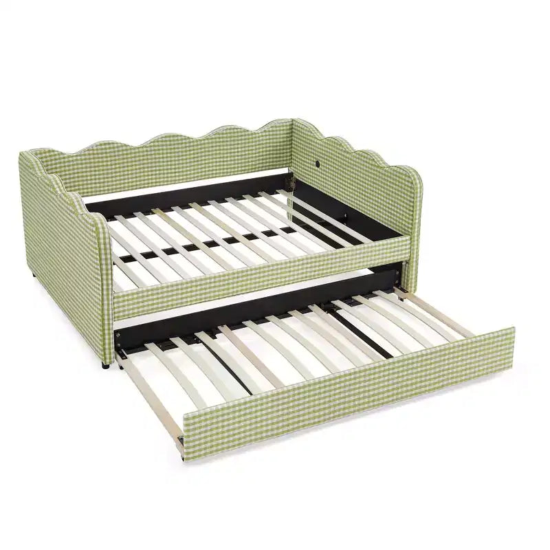 Bellemave Lit de repos double à carreaux vichy avec port USB et lit gigogne coulissant, Cadre de lit en forme de vague pour chambre et salon.