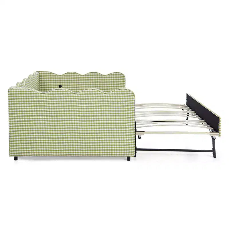 Bellemave Lit de repos double à carreaux vichy avec port USB et lit gigogne coulissant, Cadre de lit en forme de vague pour chambre et salon.