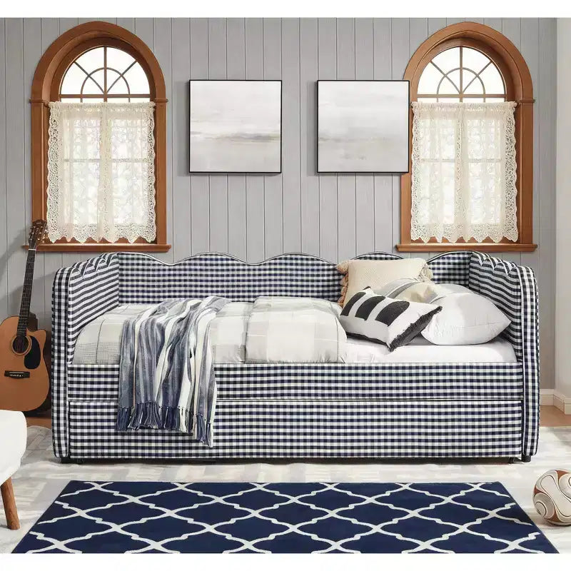 Bellemave Lit de repos double à carreaux vichy avec port USB et lit gigogne coulissant, Cadre de lit en forme de vague pour chambre et salon.
