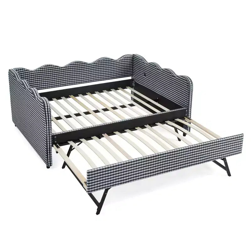 Bellemave Lit de repos double à carreaux vichy avec port USB et lit gigogne coulissant, Cadre de lit en forme de vague pour chambre et salon.