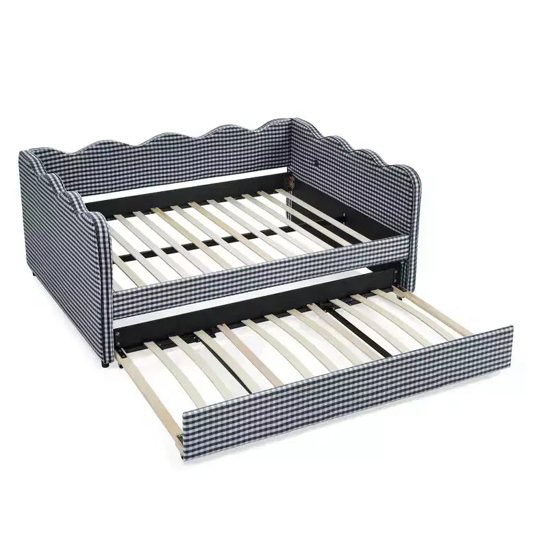 Bellemave Lit de repos double à carreaux vichy avec port USB et lit gigogne coulissant, Cadre de lit en forme de vague pour chambre et salon.