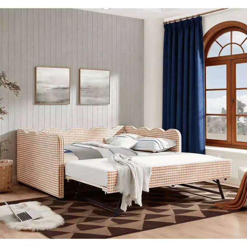 Bellemave Lit de repos double à carreaux vichy avec port USB et lit gigogne coulissant, Cadre de lit en forme de vague pour chambre et salon.