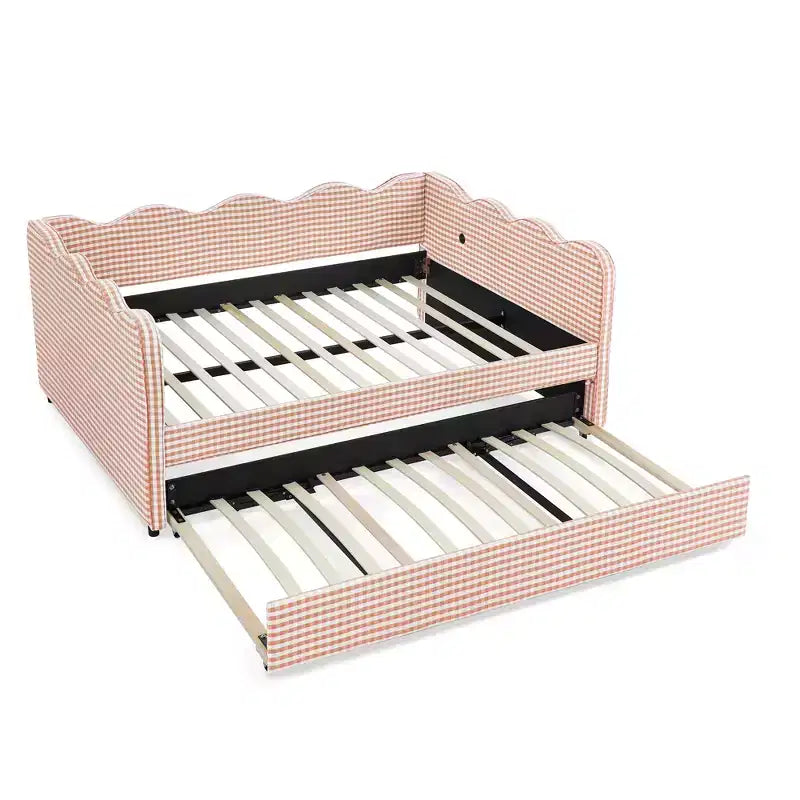 Bellemave Lit de repos double à carreaux vichy avec port USB et lit gigogne coulissant, Cadre de lit en forme de vague pour chambre et salon.