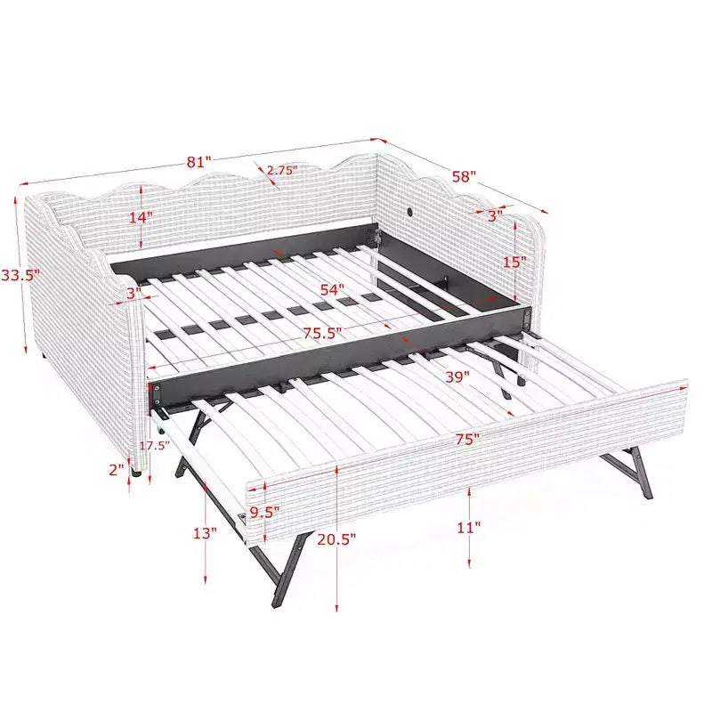 Bellemave Lit de repos double à carreaux vichy avec port USB et lit gigogne coulissant, Cadre de lit en forme de vague pour chambre et salon.