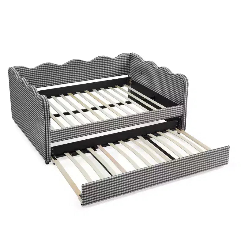 Bellemave Lit de repos double à carreaux vichy avec port USB et lit gigogne coulissant, Cadre de lit en forme de vague pour chambre et salon.