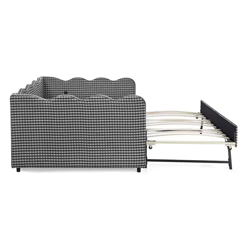 Bellemave Lit de repos double à carreaux vichy avec port USB et lit gigogne coulissant, Cadre de lit en forme de vague pour chambre et salon.
