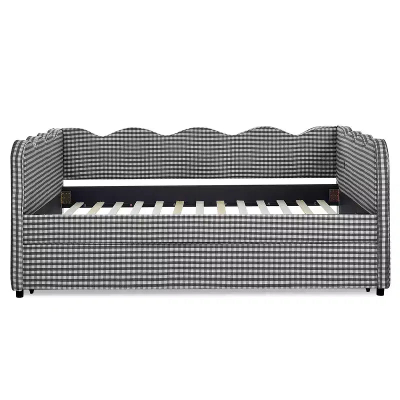 Bellemave Lit de repos double à carreaux vichy avec port USB et lit gigogne coulissant, Cadre de lit en forme de vague pour chambre et salon.