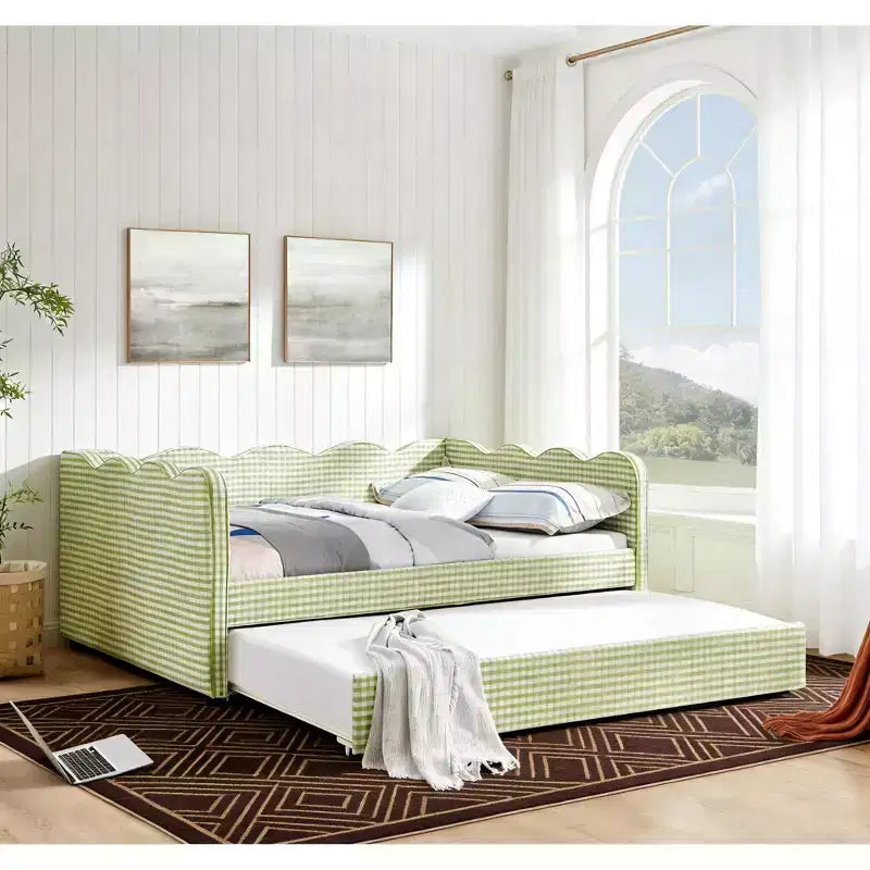 Bellemave Lit de repos double à carreaux vichy avec port USB et lit gigogne coulissant, Cadre de lit en forme de vague pour chambre et salon.