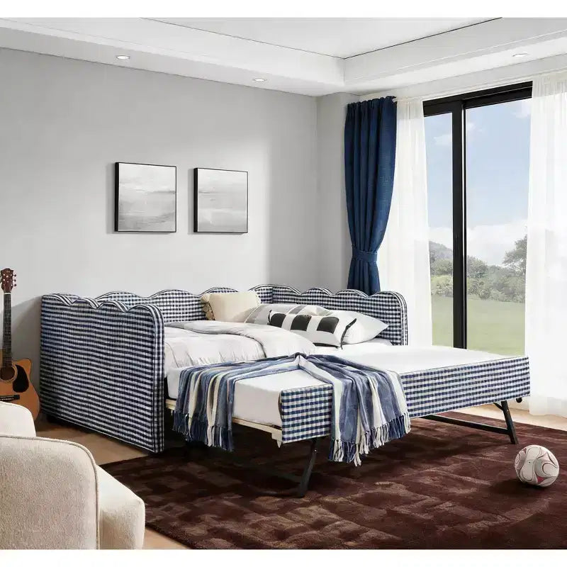 Bellemave Lit de repos double à carreaux vichy avec port USB et lit gigogne coulissant, Cadre de lit en forme de vague pour chambre et salon.