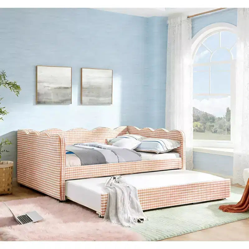 Bellemave Lit de repos double à carreaux vichy avec port USB et lit gigogne coulissant, Cadre de lit en forme de vague pour chambre et salon.