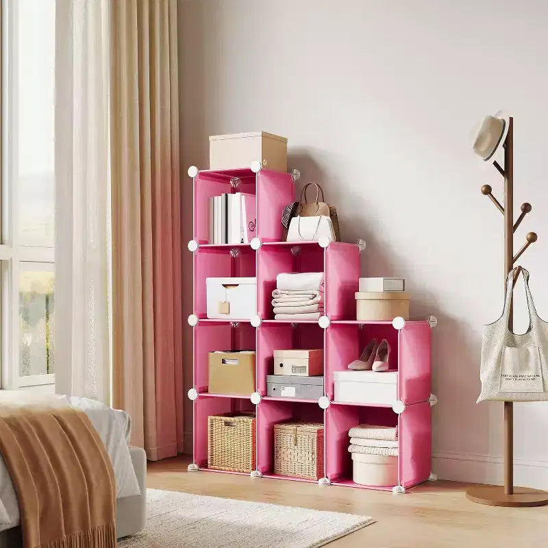 Organisateur de rangement 9 cubes en PVC, Étagère modulaire avec montage facile pour chambre et salon, Rose