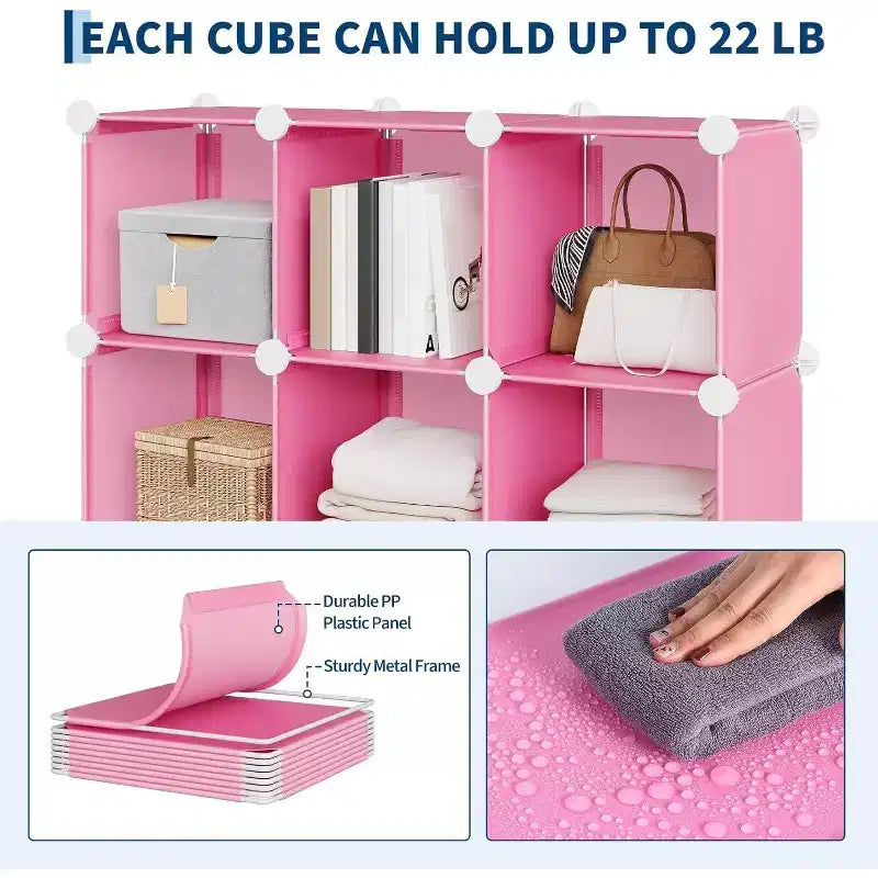 Organisateur de rangement 9 cubes en PVC, Étagère modulaire avec montage facile pour chambre et salon, Rose