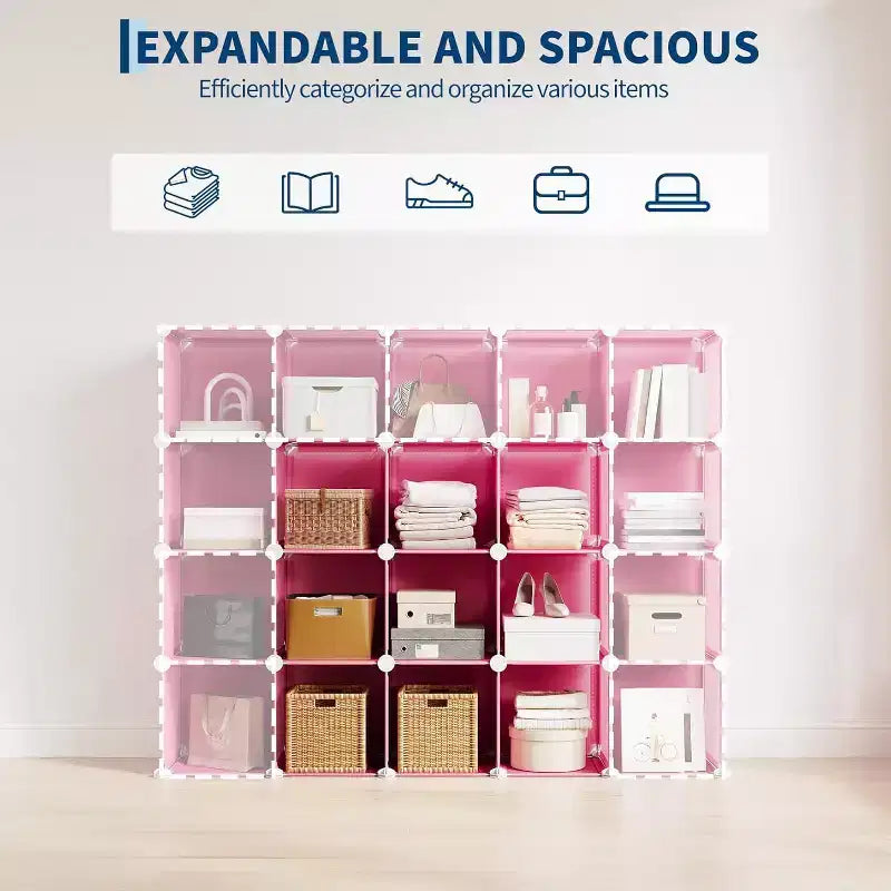 Organisateur de rangement 9 cubes en PVC, Étagère modulaire avec montage facile pour chambre et salon, Rose