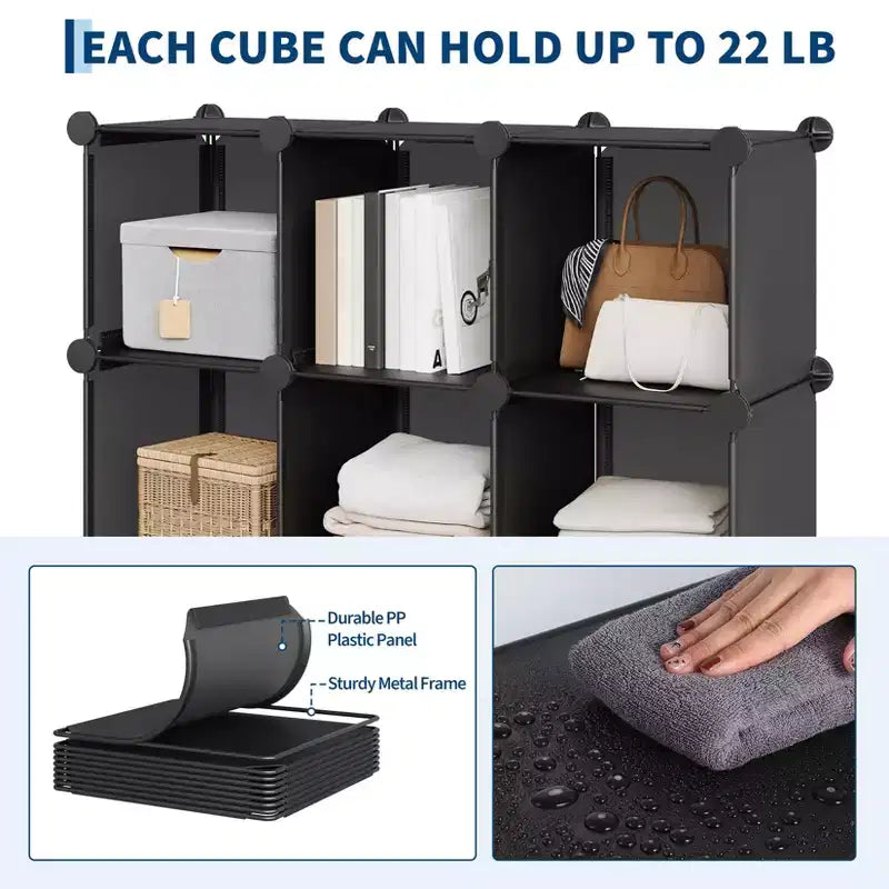 Organisateur de rangement 12 cubes en PVC, armoire multifonctionnelle avec conception empilable pour le bureau à domicile, noir