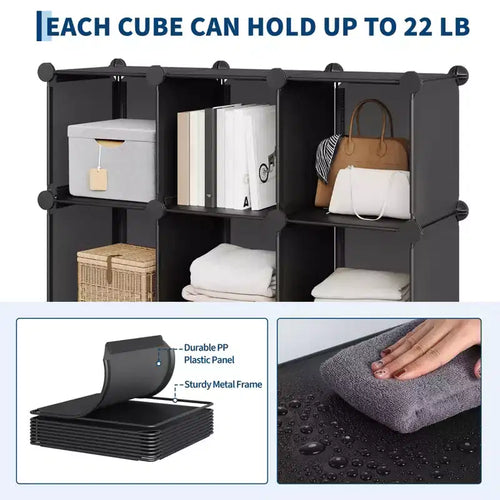 Organisateur de rangement 12 cubes en PVC, armoire multifonctionnelle avec conception empilable pour le bureau à domicile, noir