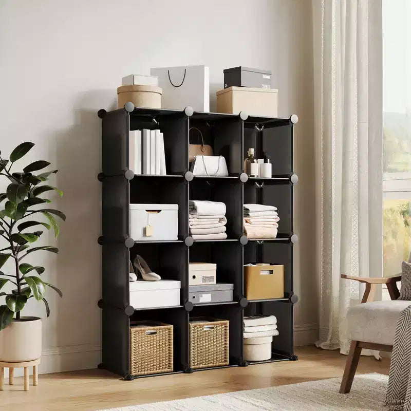 Organisateur de rangement 12 cubes en PVC, armoire multifonctionnelle avec conception empilable pour le bureau à domicile, noir