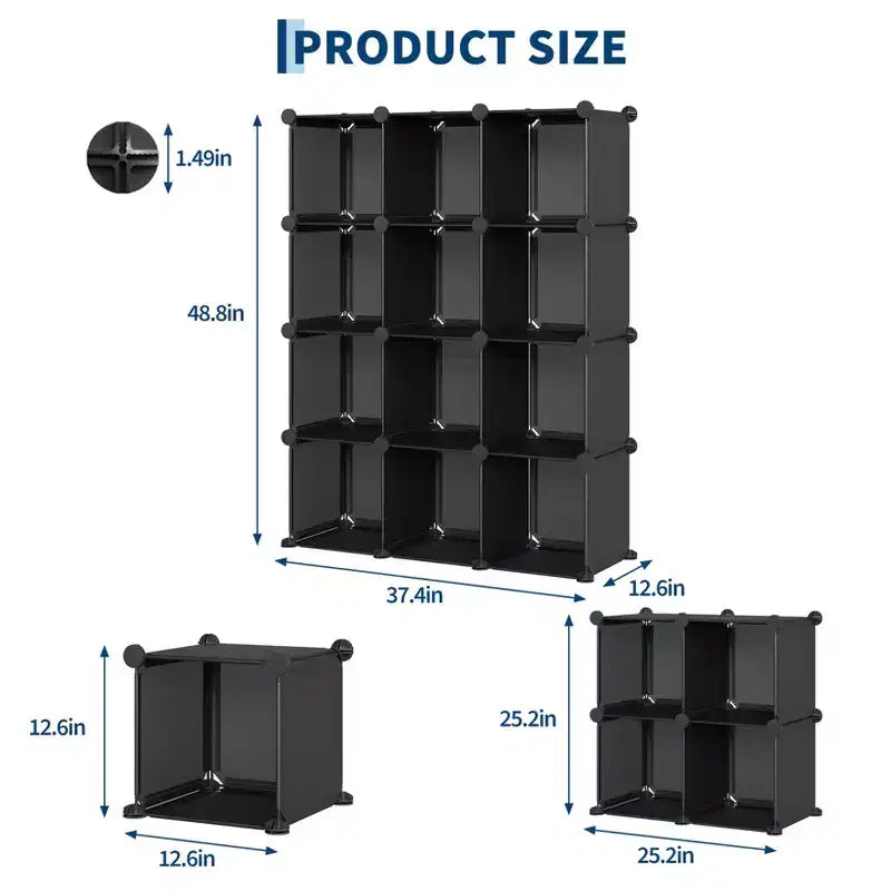 Organisateur de rangement 12 cubes en PVC, armoire multifonctionnelle avec conception empilable pour le bureau à domicile, noir