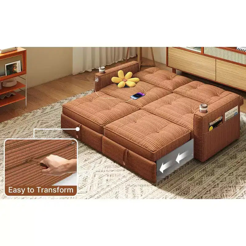 MooxvMoo 73 Canapé-lit convertible Queen Size avec couchage escamotable, poches et port USB, petit canapé 2 places moderne pour salon, orange