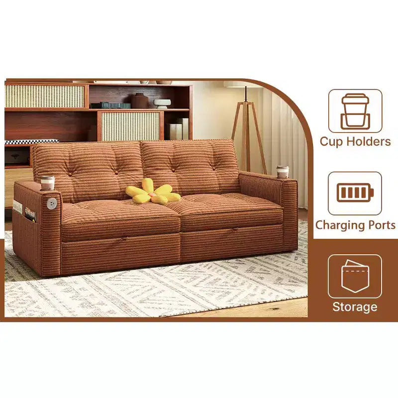 MooxvMoo 73 Canapé-lit convertible Queen Size avec couchage escamotable, poches et port USB, petit canapé 2 places moderne pour salon, orange