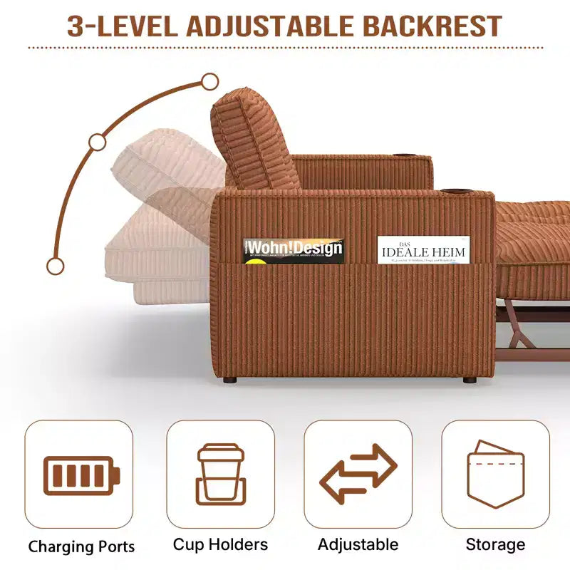 MooxvMoo 73 Canapé-lit convertible Queen Size avec couchage escamotable, poches et port USB, petit canapé 2 places moderne pour salon, orange