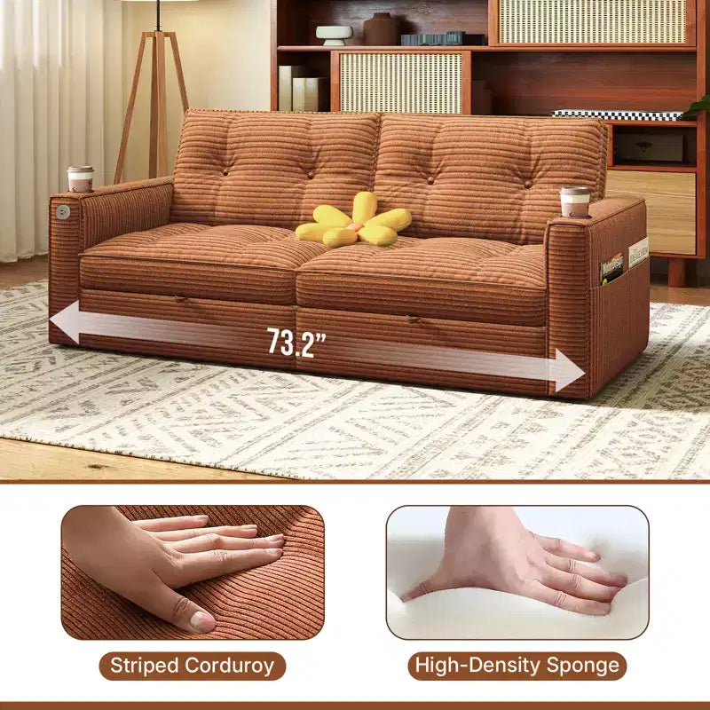 MooxvMoo 73 Canapé-lit convertible Queen Size avec couchage escamotable, poches et port USB, petit canapé 2 places moderne pour salon, orange