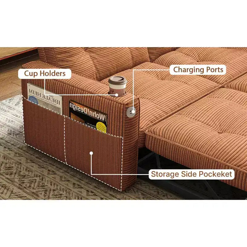 MooxvMoo 73 Canapé-lit convertible Queen Size avec couchage escamotable, poches et port USB, petit canapé 2 places moderne pour salon, orange