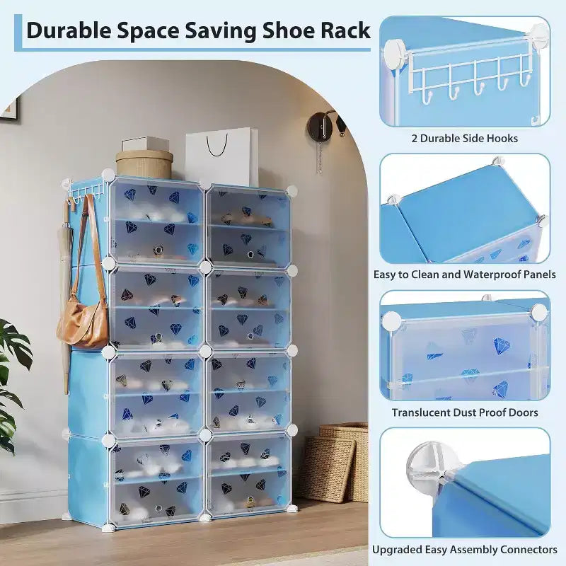 Étagère à chaussures amovible à 8 niveaux, organisateur extensible pour 32 paires avec porte pour entrée et chambre, bleu