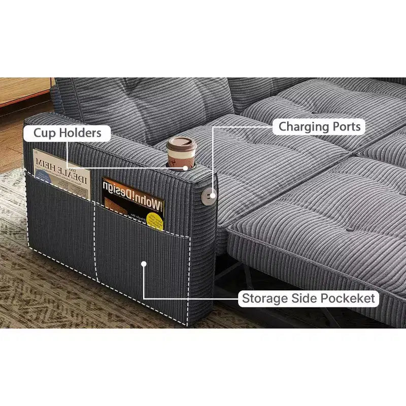 MooxvMoo 73 Canapé-lit convertible Queen Size avec couchage escamotable, poches et USB, petit canapé moderne 2 places pour salon, gris