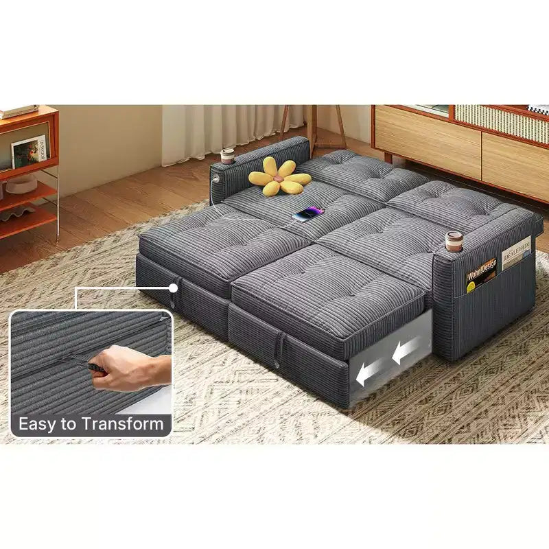 MooxvMoo 73 Canapé-lit convertible Queen Size avec couchage escamotable, poches et USB, petit canapé moderne 2 places pour salon, gris