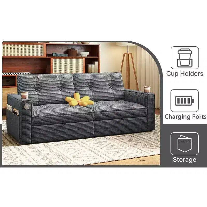 MooxvMoo 73 Canapé-lit convertible Queen Size avec couchage escamotable, poches et USB, petit canapé moderne 2 places pour salon, gris